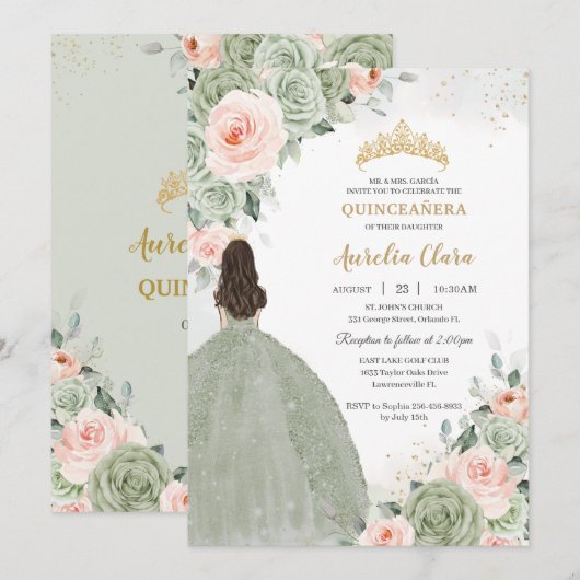 Salie Groen Blush Bloemen Goud Quinceañera Sweet 1 Kaart (Voorkant / Achterkant)