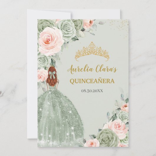 Salie Groen Blush Bloemen Goud Quinceañera Sweet 1 Kaart (Achterkant)