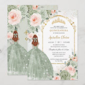 Salie Groen Blush Bloemen Goud Quinceañera Sweet 1 Kaart (Voorkant / Achterkant)