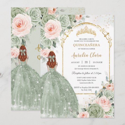 Salie Groen Blush Bloemen Goud Quinceañera Sweet 1 Kaart (Voorkant / Achterkant)