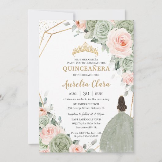 Salie Groen Blush Bloemen Goud Quinceañera Sweet 1 Kaart (Voorkant)