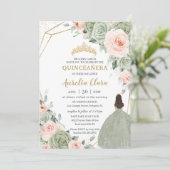 Salie Groen Blush Bloemen Goud Quinceañera Sweet 1 Kaart (Staand voorkant)