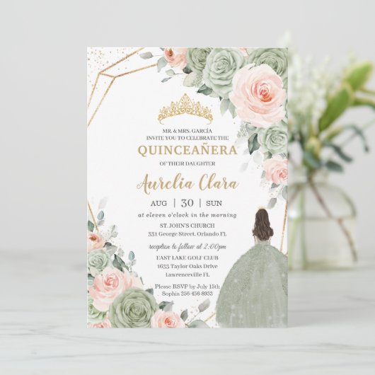 Salie Groen Blush Bloemen Goud Quinceañera Sweet 1 Kaart (Staand voorkant)