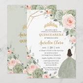 Salie Groen Blush Bloemen Goud Quinceañera Sweet 1 Kaart (Voorkant / Achterkant)