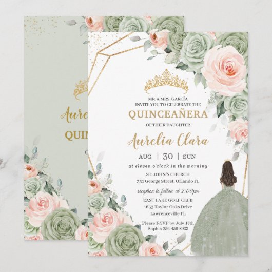 Salie Groen Blush Bloemen Goud Quinceañera Sweet 1 Kaart (Voorkant / Achterkant)