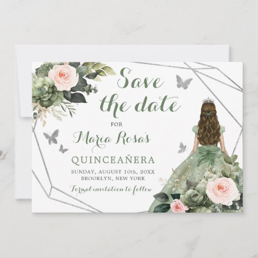 Salie Groen Blush Roze Bloem Quinceañera Kaart (Voorkant)
