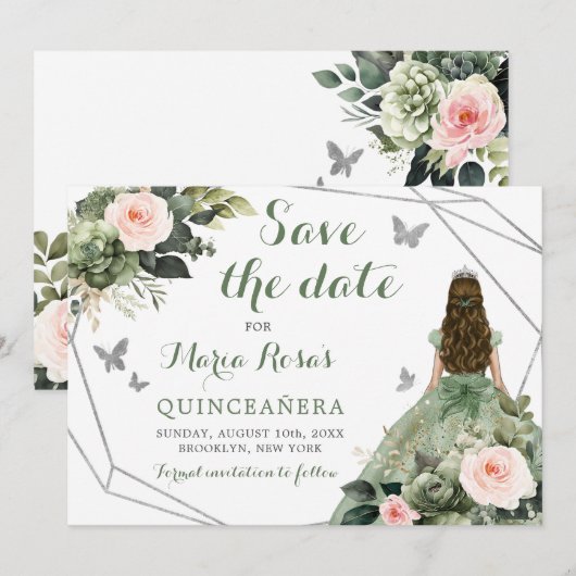 Salie Groen Blush Roze Bloem Quinceañera Kaart (Voorkant / Achterkant)