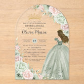 Salie Groen Blush Roze Bloemen Prinses Quinceañera Acryl Uitnodigingen (Voorkant)