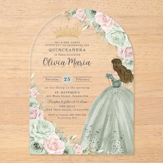 Salie Groen Blush Roze Bloemen Prinses Quinceañera Acryl Uitnodigingen (Voorkant)