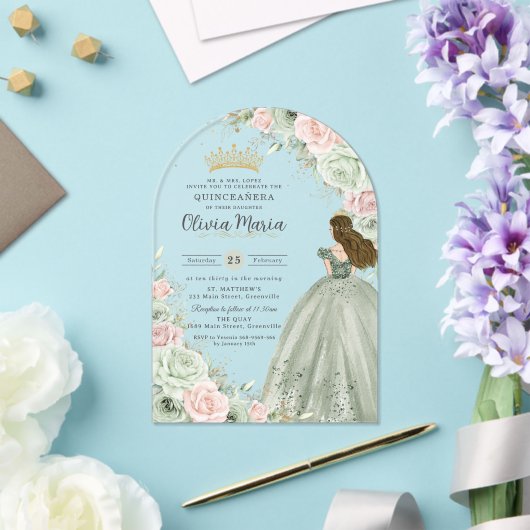 Salie Groen Blush Roze Bloemen Prinses Quinceañera Acryl Uitnodigingen (Insitu (Huwelijk))