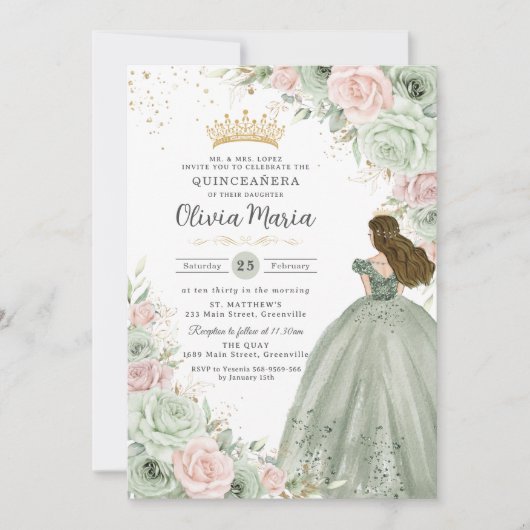 Salie Groen Blush Roze Bloemen Prinses Quinceañera Kaart (Voorkant)
