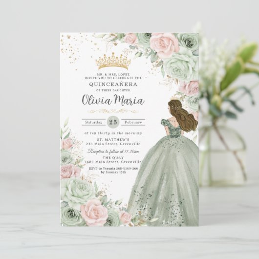 Salie Groen Blush Roze Bloemen Prinses Quinceañera Kaart (Staand voorkant)