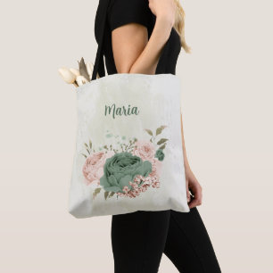 Salie groen blush roze bloemen tote bag