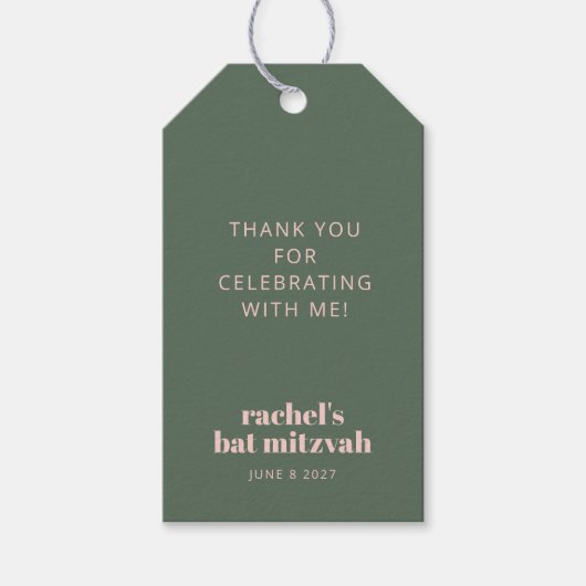 Salie Groen Blush Roze Moderne Bat Mitzvah Cadeaulabel (Voorkant)