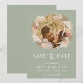 Salie groen Boho Bloemkrans Foto Save the date Kaart (Voorkant / Achterkant)