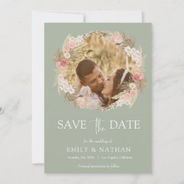 Salie groen Boho Bloemkrans Foto Save the date Kaart