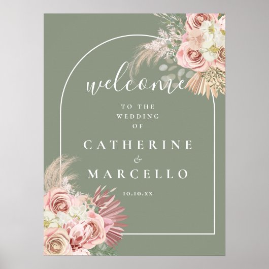 Salie Groen Boog Pampas Gras Bruiloft Welkom Bord Poster (Voorkant)