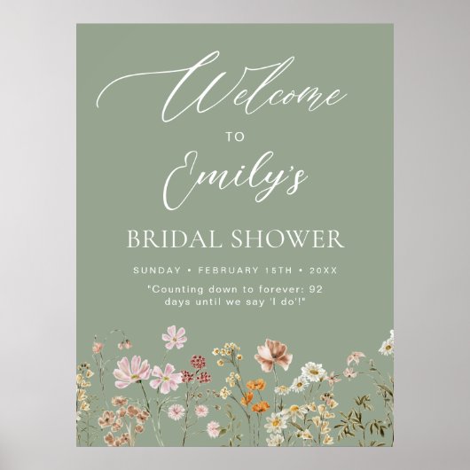 Salie groen bruidsfeest welkom bord met wilde bloe poster (Voorkant)