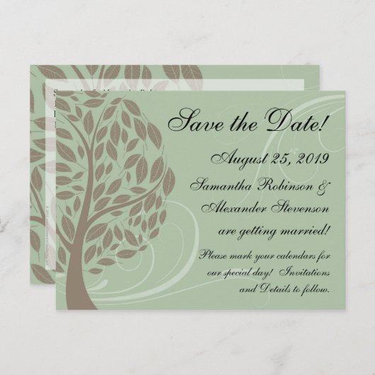 Salie Groen, Bruin Gestileerde Eco Boom Sla de Dat Aankondigingskaart (Voorkant / Achterkant)