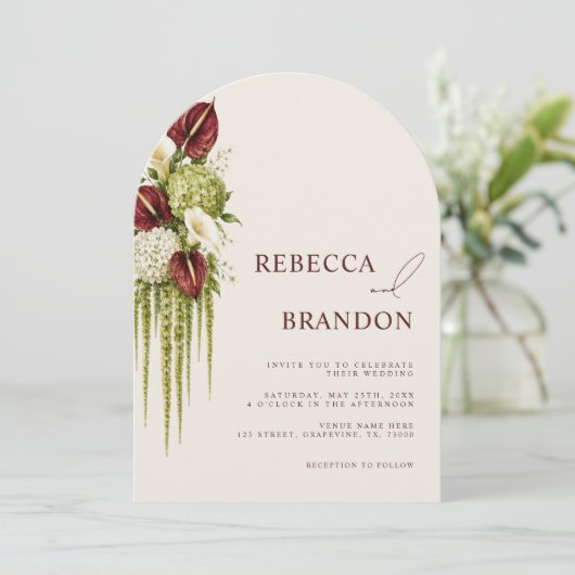 Salie Groen & Burgundy Bloemencode QR Code Boog Br Kaart (Staand voorkant)