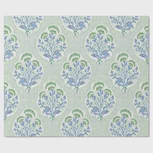 Salie groen en blauwe blokdruk bloem cadeaupapier