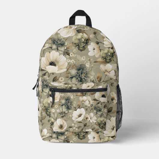 Salie Groen en Cream Bloemen Bedrukte Rugzak (Voorkant)