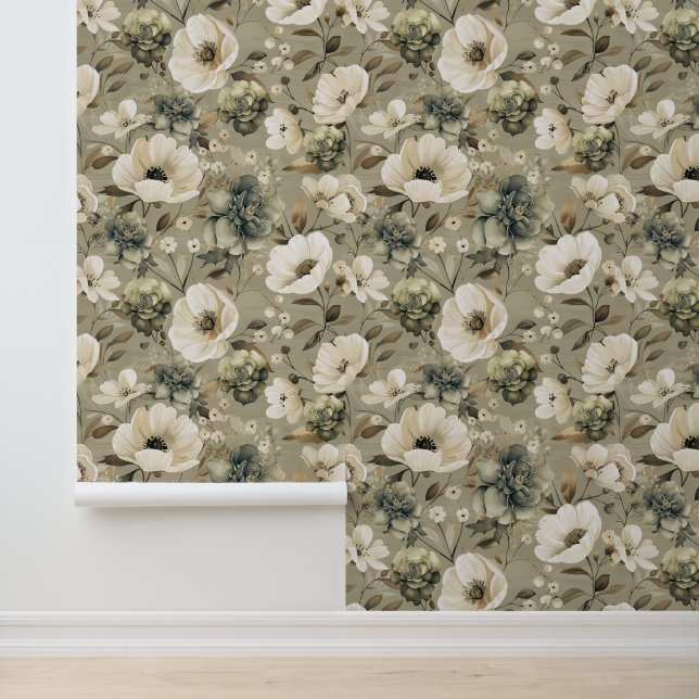 Salie Groen en Cream Bloemen Behang (Applicatie)