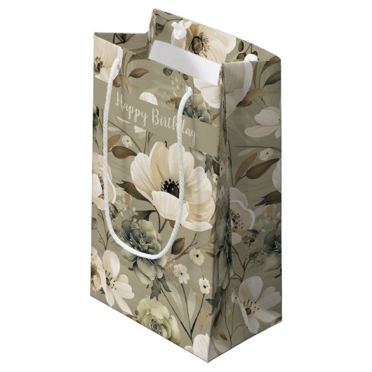 Salie Groen en Cream Bloemen Klein Cadeauzakje (Voorkant Gekanteld)