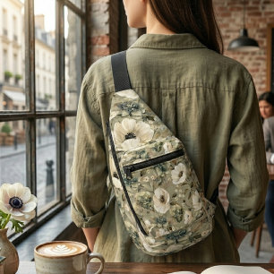 Salie groen en crème bloem  sling bag