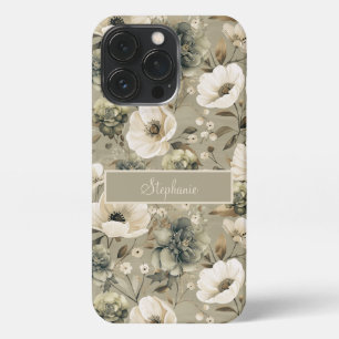 Salie Groen en Crème Bloemen gepersonaliseerd iPhone 13 Pro Hoesje