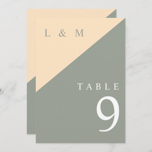 Salie Groen en Crème Monogram Trouwtafel Nummer Kaart (Voorkant / Achterkant)