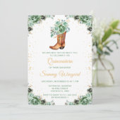 Salie Groen en Goud Bloemen Cowboy Boot Quinceañer Kaart (Staand voorkant)