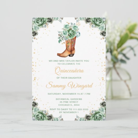 Salie Groen en Goud Bloemen Cowboy Boot Quinceañer Kaart (Staand voorkant)