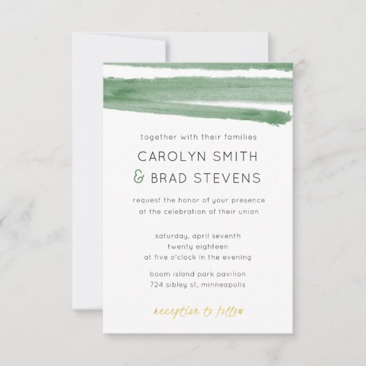 Salie Groen en Goud Waterverf Gestreept Huwelijk Kaart (Voorkant)