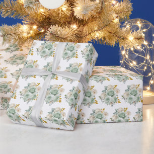 Salie groen en gouden elegante bloemen cadeaupapier