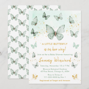 Salie Groen en Gouden Vlinder Baby Shower Kaart
