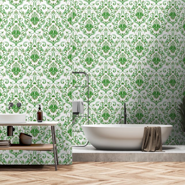 Salie Groen en Groen Damask Bloemschil en stok Behang (Badkamer)