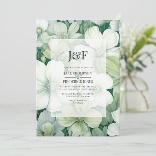 Salie Groen en Wit Bloemen Huwelijk Monogram Kaart (Staand voorkant)