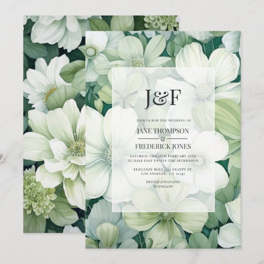 Salie Groen en Wit Bloemen Huwelijk Monogram Kaart (Voorkant / Achterkant)