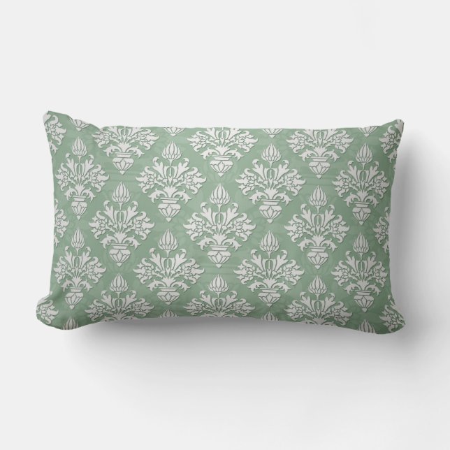 Salie groen en wit bloemendamasker kussen (Voorkant)
