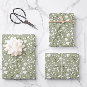 Salie groen en wit bloemig bruiloftsbruiloft Huwel Inpakpapier Vel