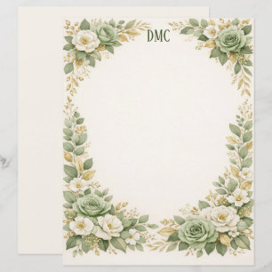 Salie groen en wit bloemmotief briefpapier