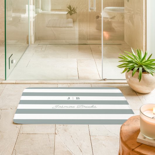Salie Groen en Wit Brede Strepen Monogram Naam Badmat