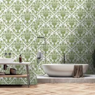 Salie Groen en Wit Damast Bloemschil en stok Behang