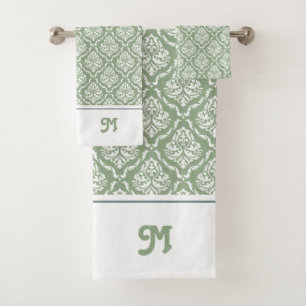 Salie groen en wit  damast monogram bad handdoek