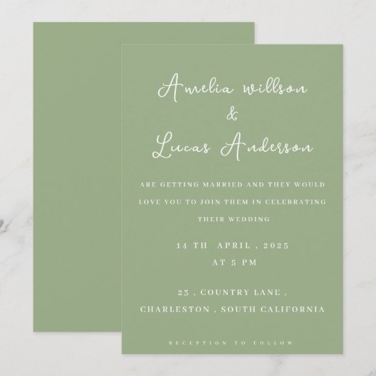 Salie groen en wit minimalistische huwelijksuitnod kaart (Voorkant / Achterkant)