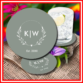 Salie Groen en Wit | Modern Initialen Monogram Ronde Kartonnen Onderzetter