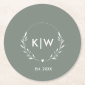 Salie Groen en Wit | Modern Initialen Monogram Ronde Kartonnen Onderzetter (Voorkant)