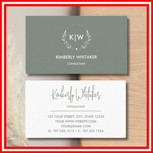 Salie Groen en Wit | Modern Initialen Monogram Visitekaartje