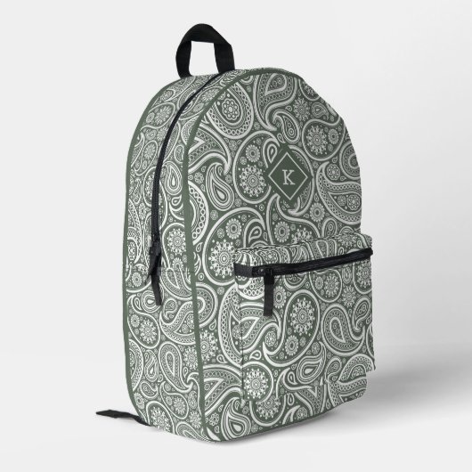 Salie-groen en wit paisley patroon monogram bedrukte rugzak (Achterkant Hoek Links)